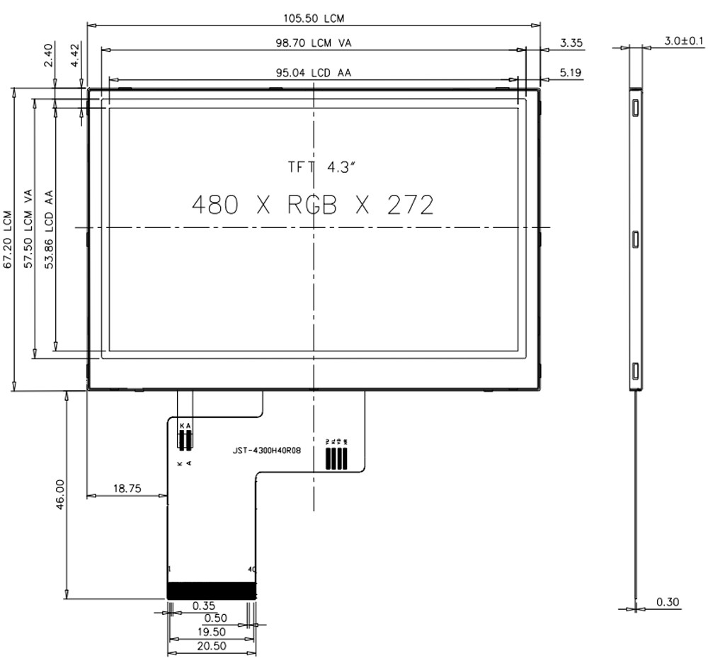 4.3 Inch IPS TFT LCD 480*272 Pixel 262K Full Color Display ST7283 Driver IC