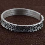 Women Sterling Silver Engraved Flowers Buddhist Sutras Retro Cuff Bracelet