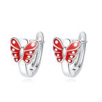 Butterfly Red Enamel Childrens Sterling Silver Hoop Earrings White Gold Plated