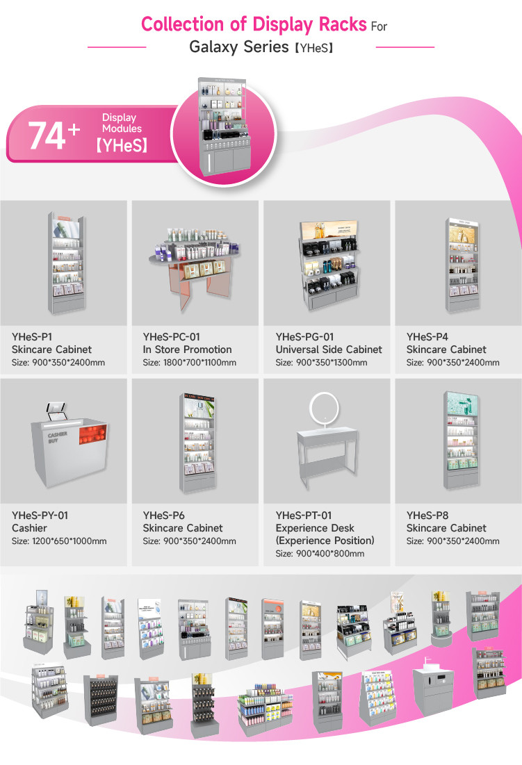 Skincare Shop Gray Wooden Display Rack Washing & Care Shelves with Light-box for Cosmetic Shop Fitting and Retail Store Design