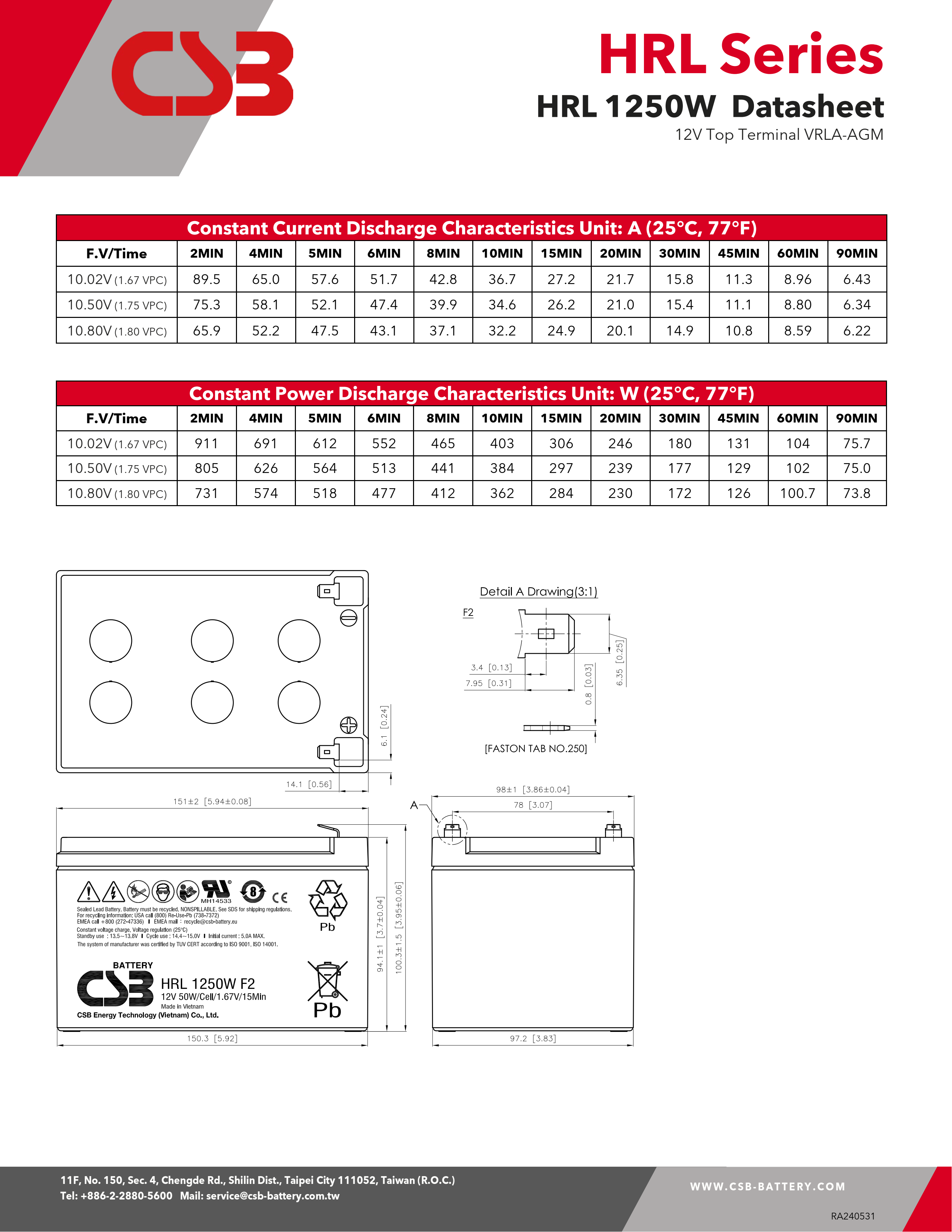 CSB Battery HRL1250W 12V 50W High Performance Rechargeable Lead-Acid Dry Gel Batteries for Electric Power