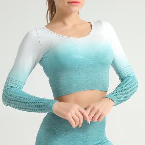 Quality Hanging dye gradient color reveal belly button tight fast dry hollow out gym clothes, running yoga long-sleeved T-shirt wholesale