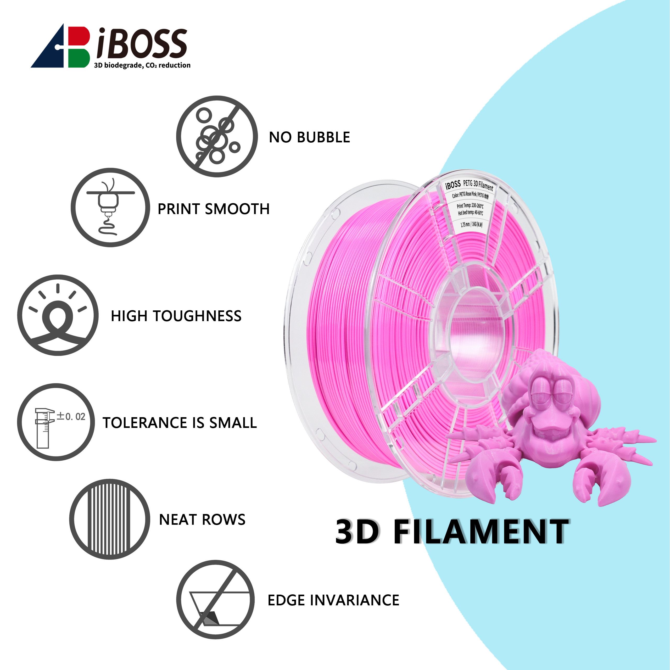Diameter 1.75mm 3D Printer Rose Pink PETG Filament for Packing Box Size 200*200*64mm