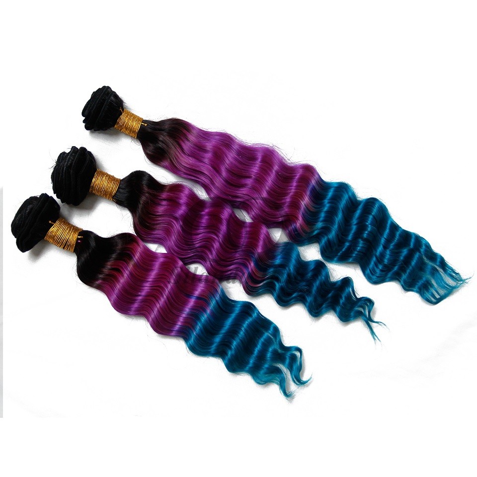 #T1B/Purple/Blue Deep Wave Remy Human Hair Bundles Sew In Weave Bundles Brazilian Bundle Deals