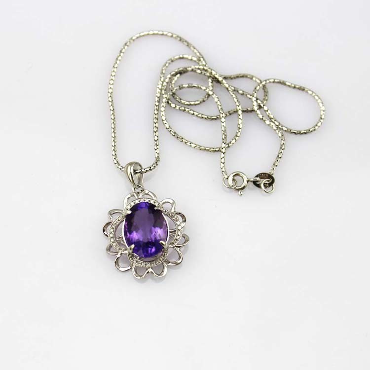 Silver Chain Necklace 10mm x14mm Oval Amethyst Cubic Zircon Pendant (PSJ0173 )