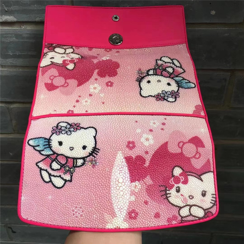 Cute Authentic Stingray Skin Lady Long Kitty Cat Trifold Wallet Genuine Leather Female Clutch Card Bag Women Coin Purse