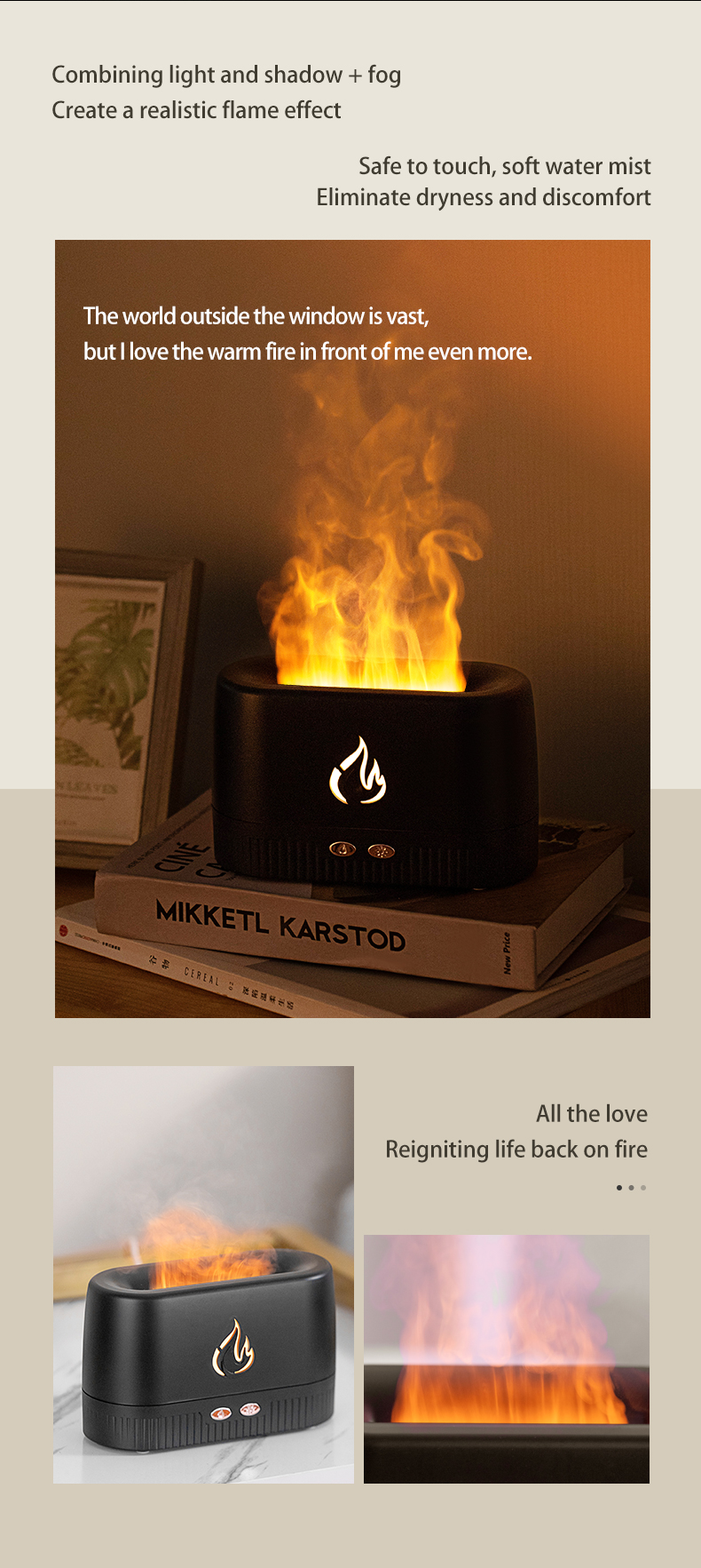 HOMEFISH 230ML Aromatherapy Ultrasonic Flame Aroma Diffuser With Warm Light