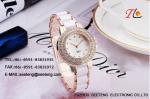 Ladies watch white bracelet metal band and double circle diamond inset case