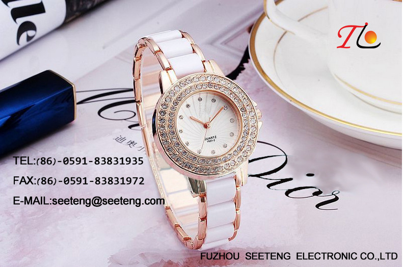 pu colorful leather band patterned dial with diamond inset fashion ladies watch