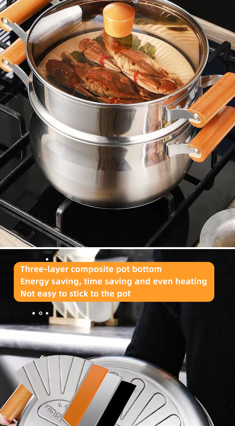 Factory Two Layer Cook Food Steamer Pot 18/8 Stainless Steel Steamer Pot With Wooden Handle