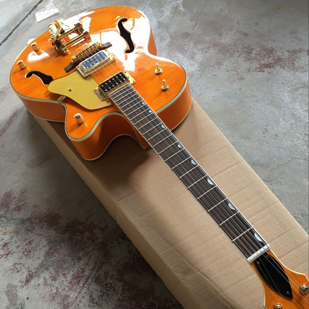 Tiger Flame jazz electric guitar.F hollow body jazz guitar. orange guitar.vibrato system.free shipping