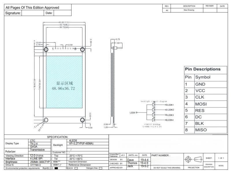 2.4 Inch UART LCD Display 8PIN SPI Interface 320*240 Resolution 300 Brightness Driver IC ST7789 With PCBA Board