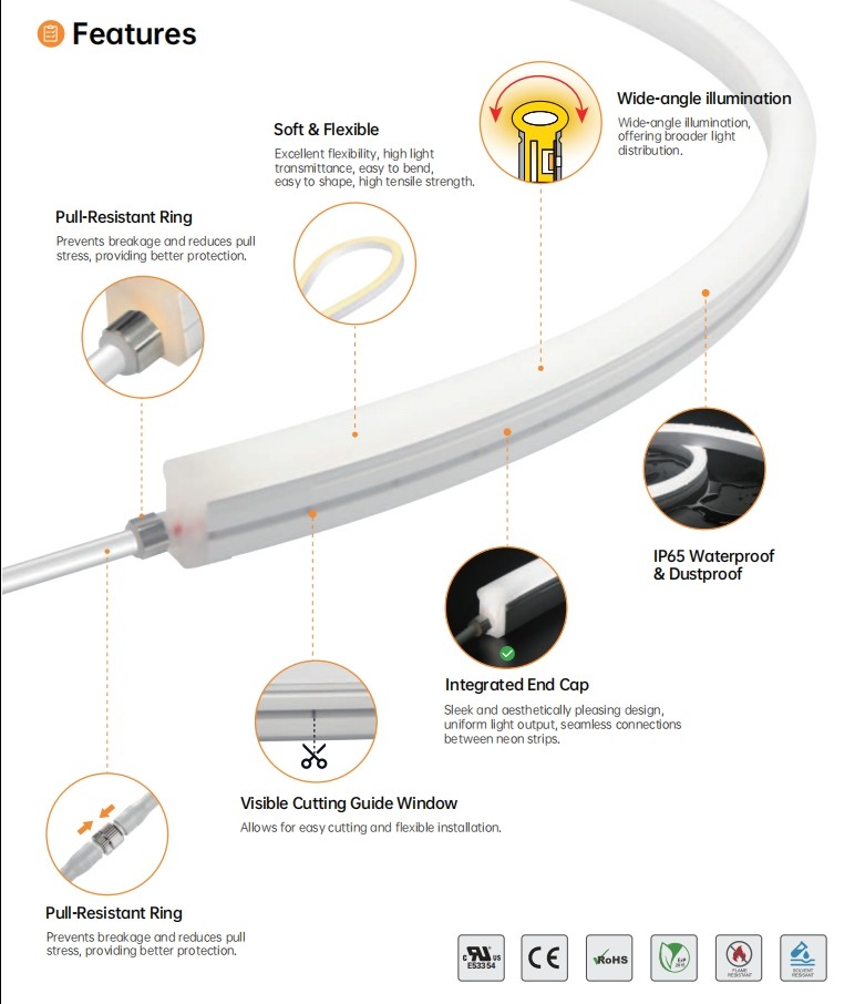 24V Side Bend LED Neon Strips Flexible Wide Angle Illumination With Pull Resistant Ring
