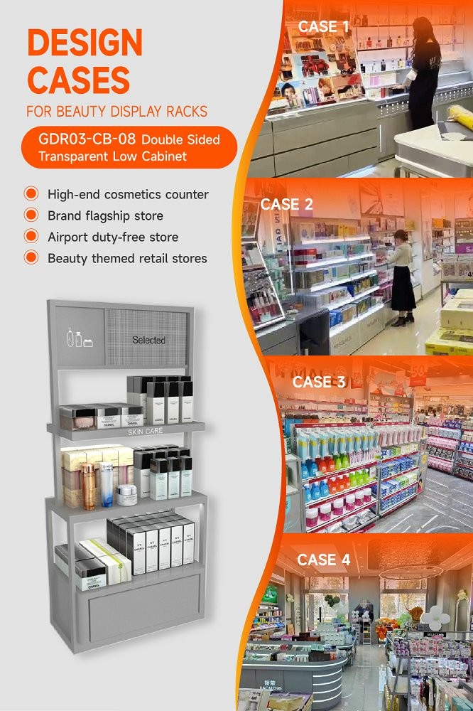 GDR03-CB-08 Double Sided Transparent Low Cabinet with Adjustable Shelves and Luxury Branding Integration for Specialty Beauty Stores