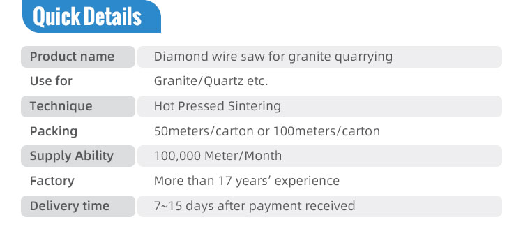 11.5mm Diamond Wire Saw for Granite Quarrying Cutting Speed 10-30 m2/h Life Span 20-40 m2/