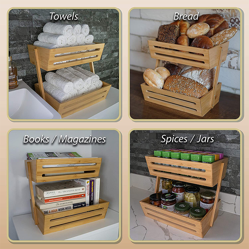 Highly Customized Bamboo 2 Tier Fruit Basket for Kitchen Countertop Storage Organizer