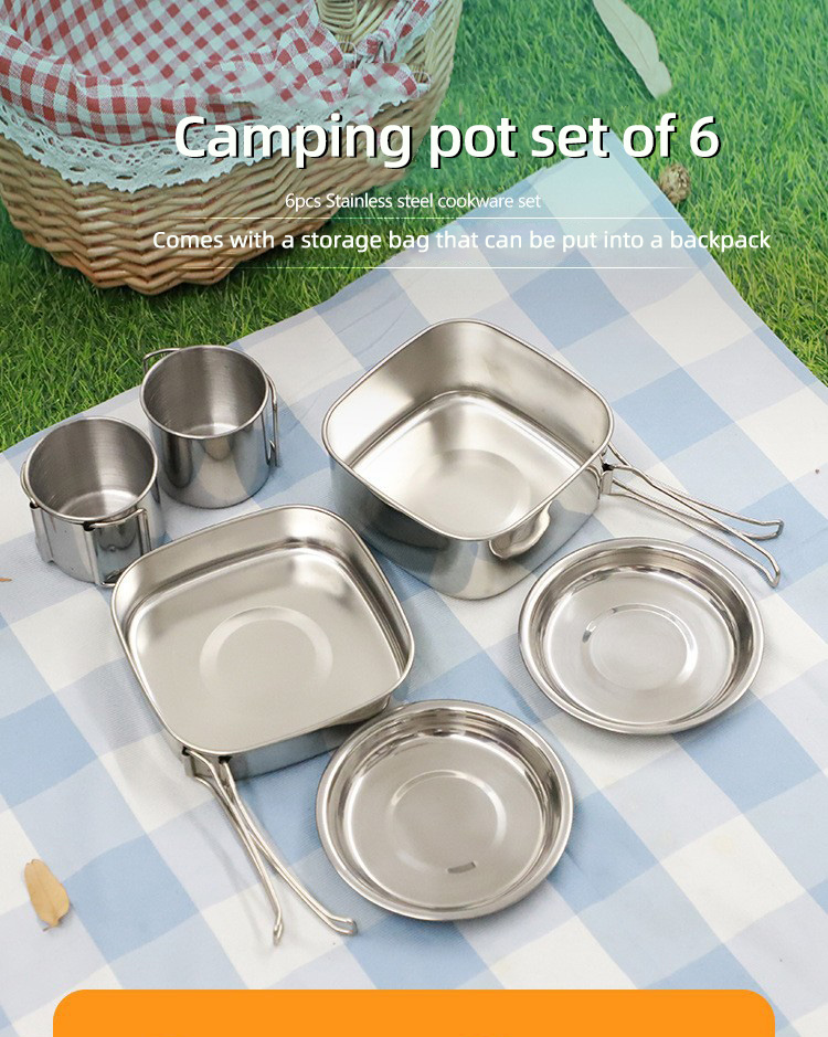 Lightweight Backpacking Outdoor Kitchen Picnic Pot Pan Stainless Steel 6 PCS Camping Cookware Set For Out Door Hiking