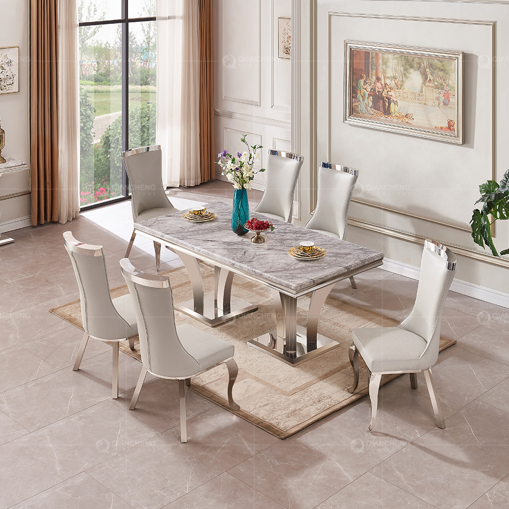 Narrow Luxury Faux Marble Dining Table Stainless Steel 200cm Grey