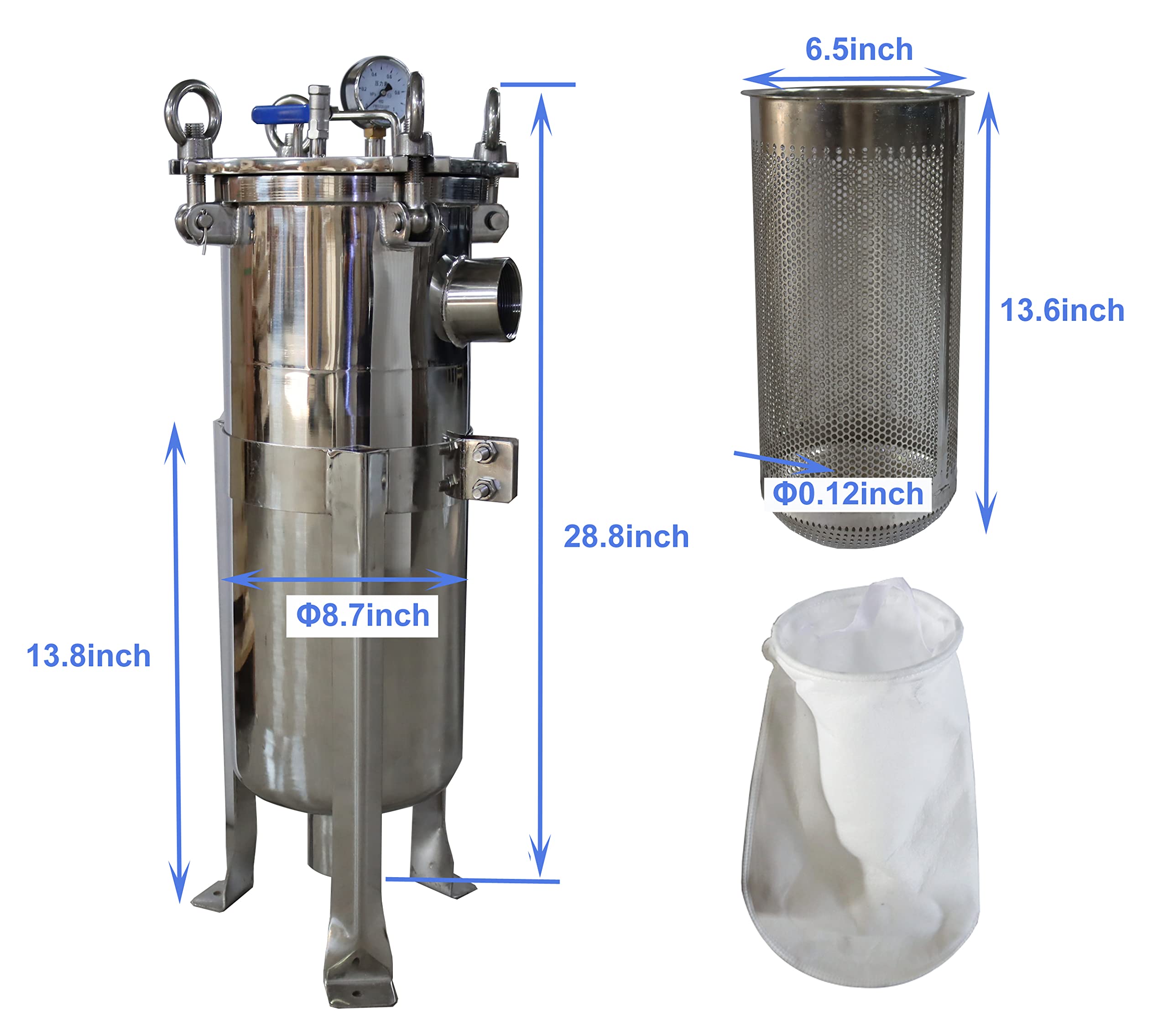 62KG Weight 304 Stainless Steel Bag Water Filter for Hotels 2.7 sq ft Filtering Area