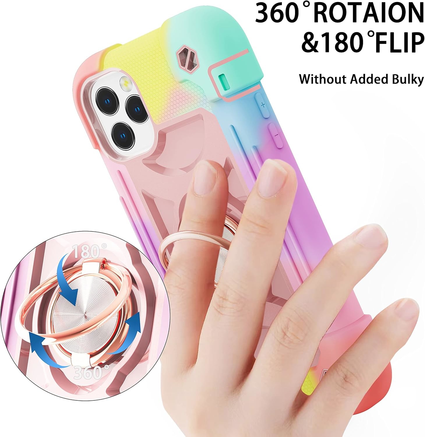 iPhone 12 Pro Max Case 6.7" - Heavy-Duty Shockproof, Ring Stand, Glass Screen & Camera Lens Protector (Rainbow Pink)