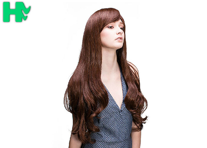 Heat Friendly Fiber Hair Extra Long Synthetic Wigs , Brown Wavy Wig With Bangs