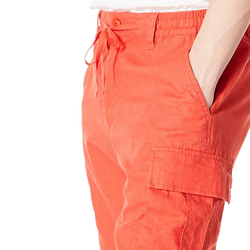 Men'S Cotton Linen Blend Cargo Shorts 9.5 Inch Inseam Shorts Drawstring Button Closure
