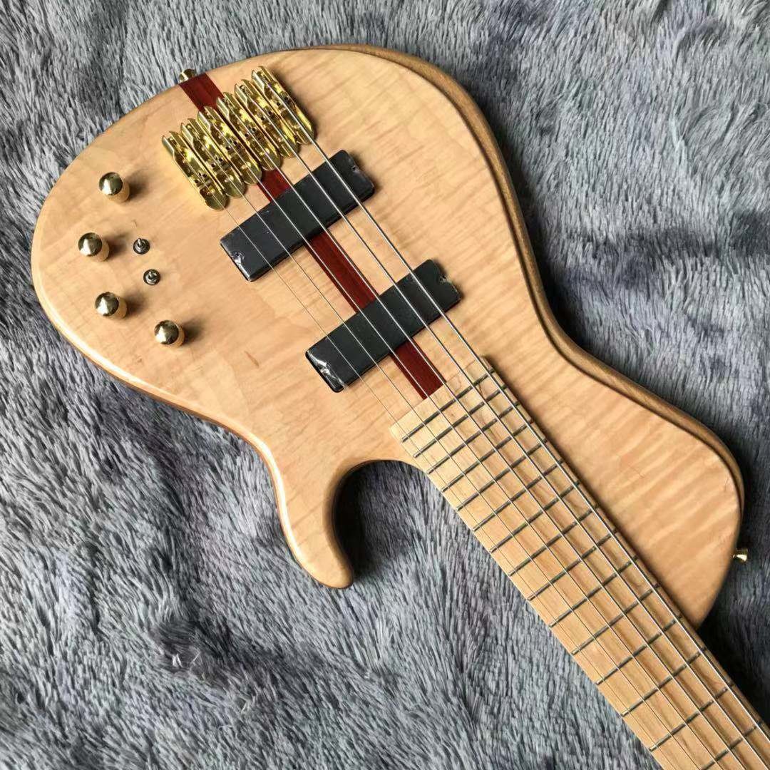 Custom Flamed Maple Top Neck Through Body 6 Strings 24 Frets Active Pickup Electric Bass Guitar