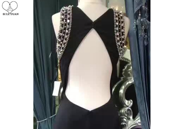 Unique Black Mermaid Style Prom Dress , Sleeveless Beaded Ball Gown Top Hollow