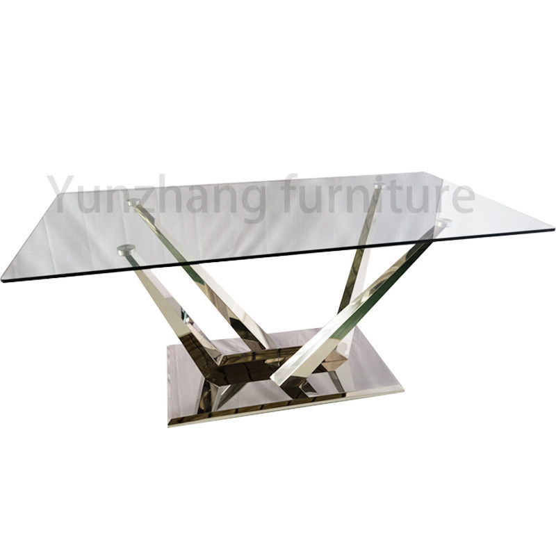 Silver Color Luxury Modern Dining Tables Glossy Tempered Glass Sophisticated Dining Table