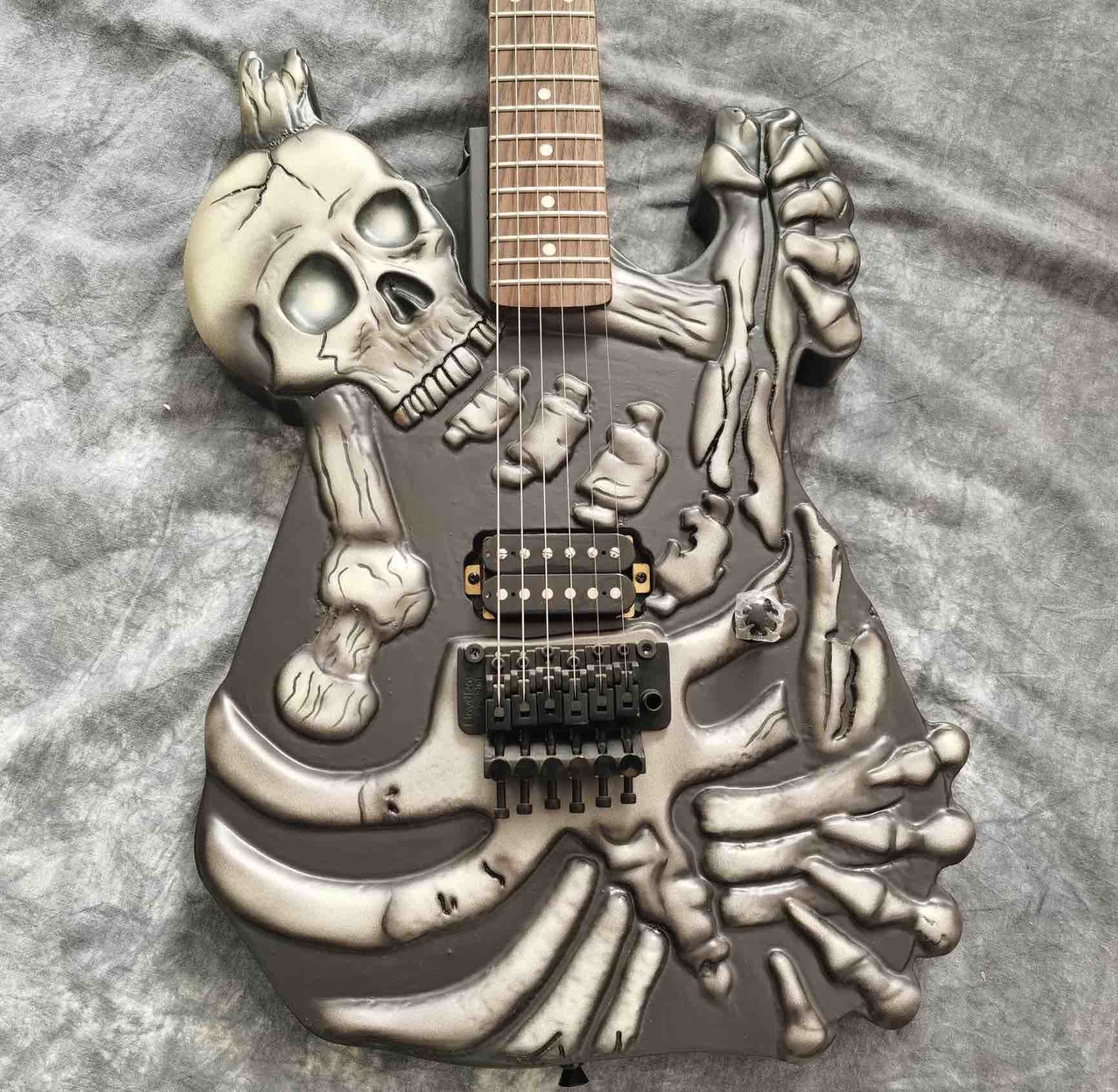 Skull Carving Body 6 Strings Electric Guitar in Matte Black Color