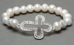 Alloy Cross Bracelet, White Potato Pearls, Crystal Pave Argil Beads