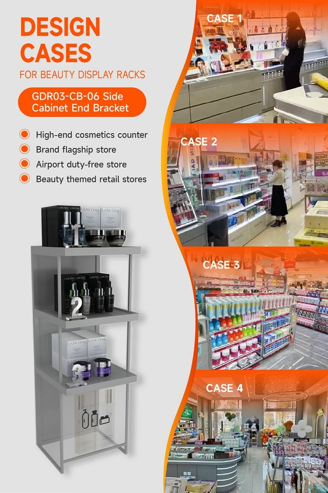 GDR03-CB-06 Side Cabinet End Bracket with Transparent Tempered Glass and Adjustable Shelves for Specialty Beauty Stores