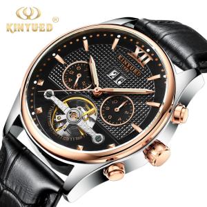 Quality KINYUED Power Reserve Sport Custom Waterproof Watch Genuine Leather Strap For Watch Mechanical Wristwatch wholesale