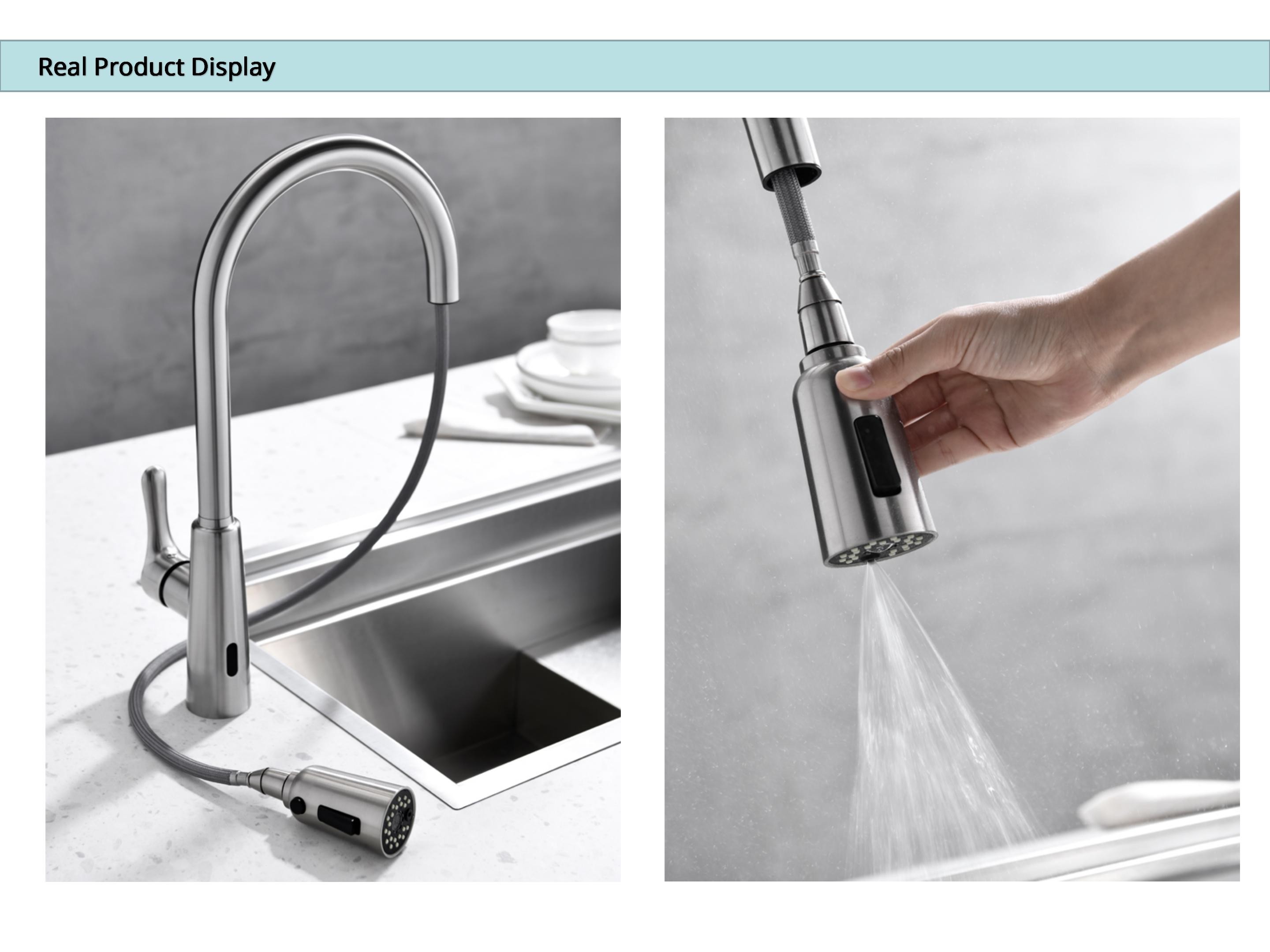 Retractable Touch Free Kitchen Sink Faucet / Flexible Pull Out Gooseneck Sink Mixer