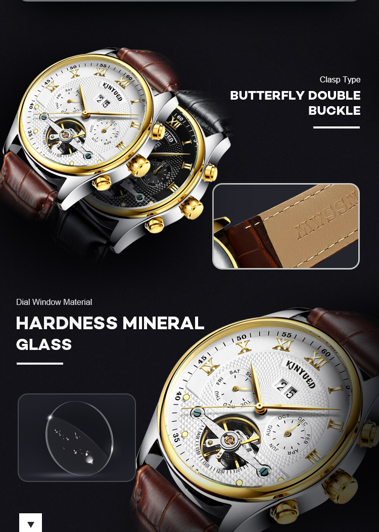 KINYUED Business Power Reserve Automatic Movement Luxury Watches For Men Automatic Skeleton Watch
