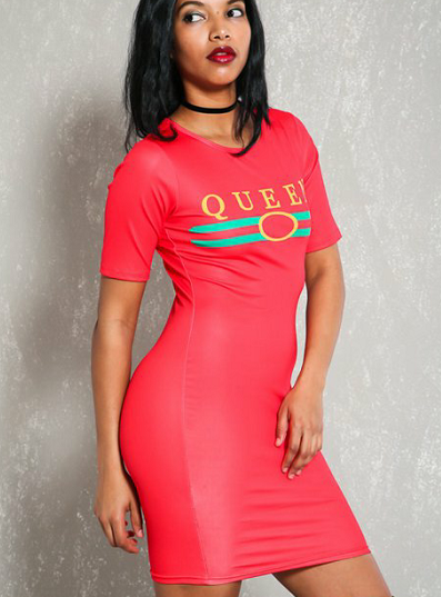 Women Cheap Sexy Coral Graphic Print Bodycon T-Shirt Dress On Sale