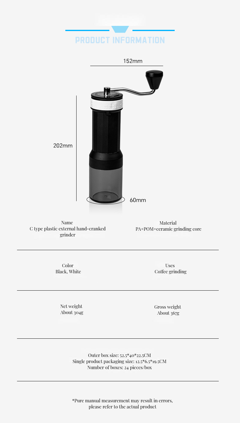 30g Capacity Plastic Body Manual Coffee Grinder with External Adjustable Ceramic Burr