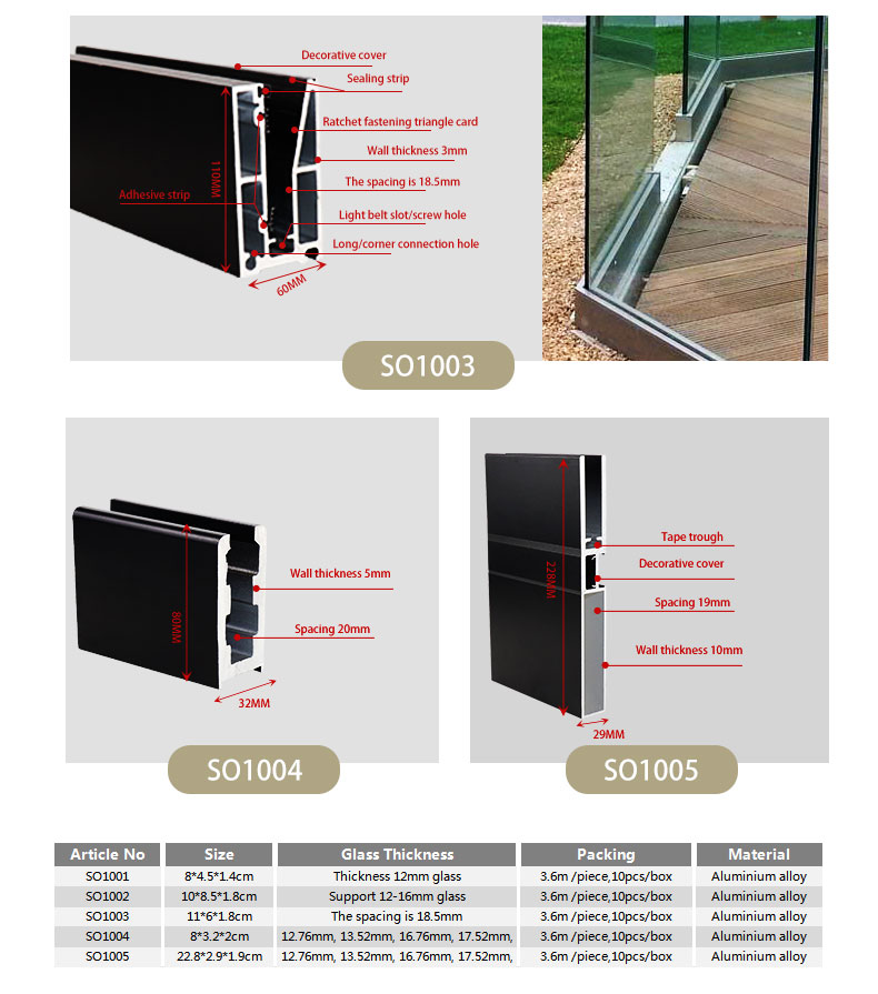 Aluminum U Shape Glass Channel for Balcony Fits 10-13mm Glass and After-sale Service