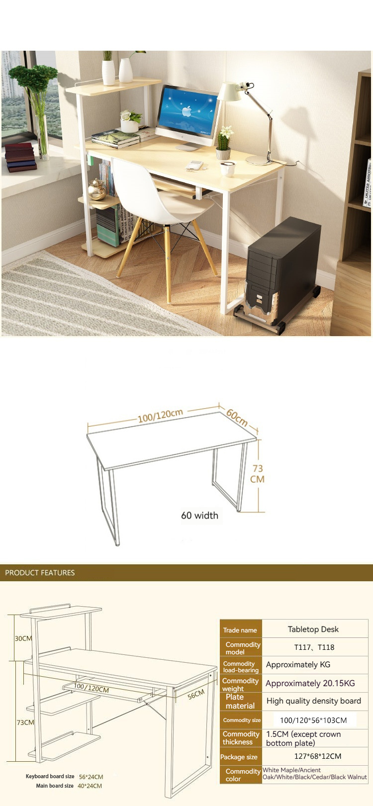 Space-Saving Desktop Computer Desk for Student Writing and Study in Apartments