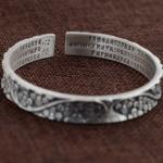 Women Sterling Silver Engraved Flowers Buddhist Sutras Retro Cuff Bracelet