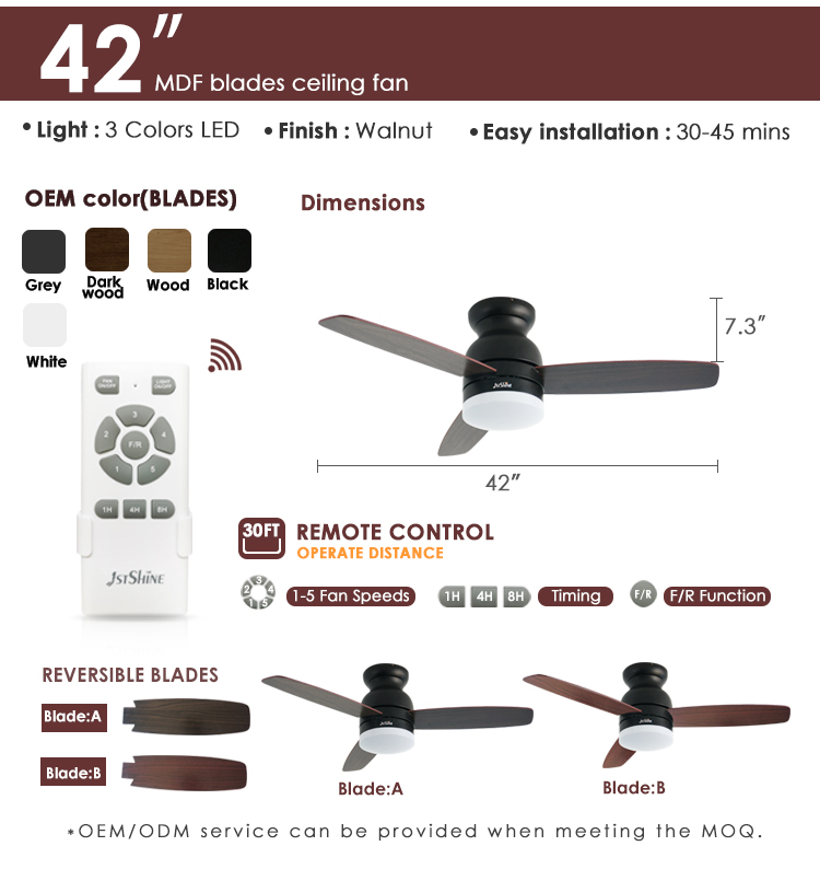 Reversible Blades 42 Inches MDF Reversible DC Motor Ceiling Fan with LED Light Source