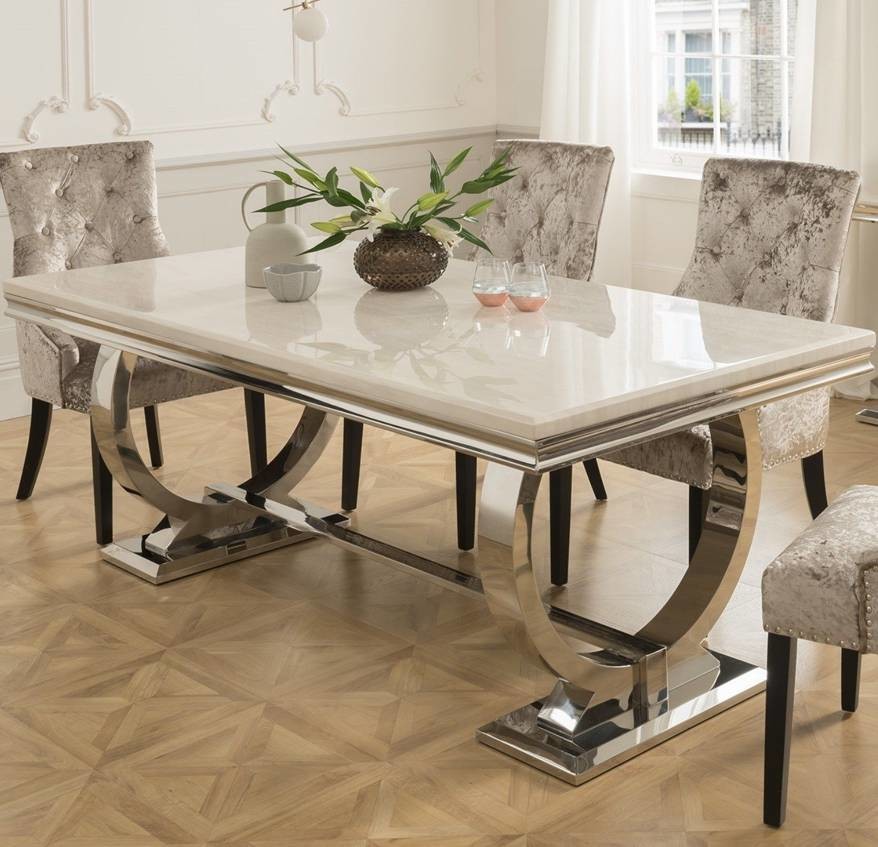 Silver Gold Stainless Steel Leg Dining Table Set 6 Seater With Marble Top