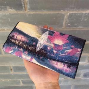 Quality Authentic Exotic Stingray Skin Women's Long Wallet Genuine Leather Lady Floral Clutch Purse Female Large Card Holders wholesale