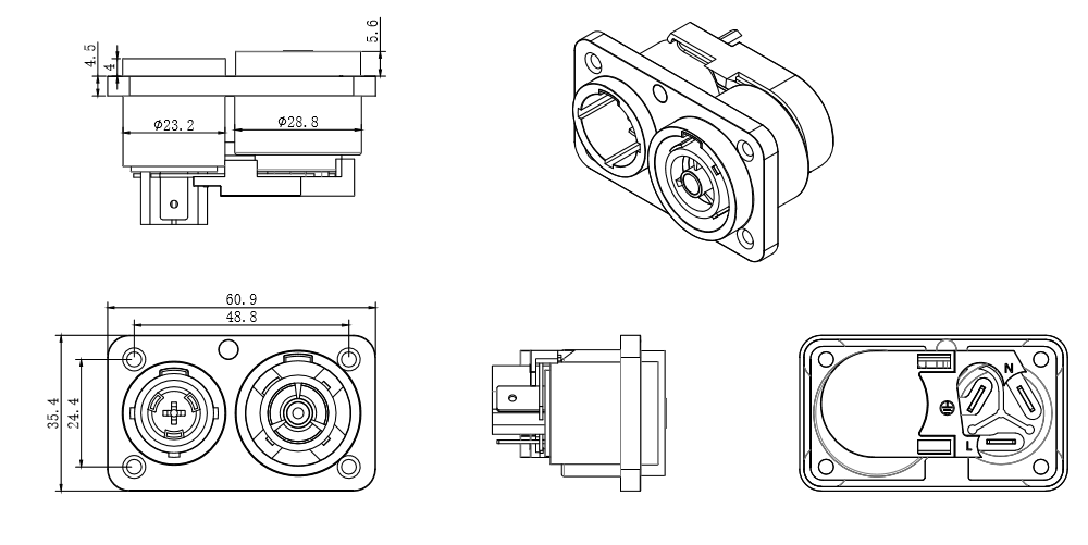 Ip65 Electrical Waterproof Power Connector Female Chassis Connector