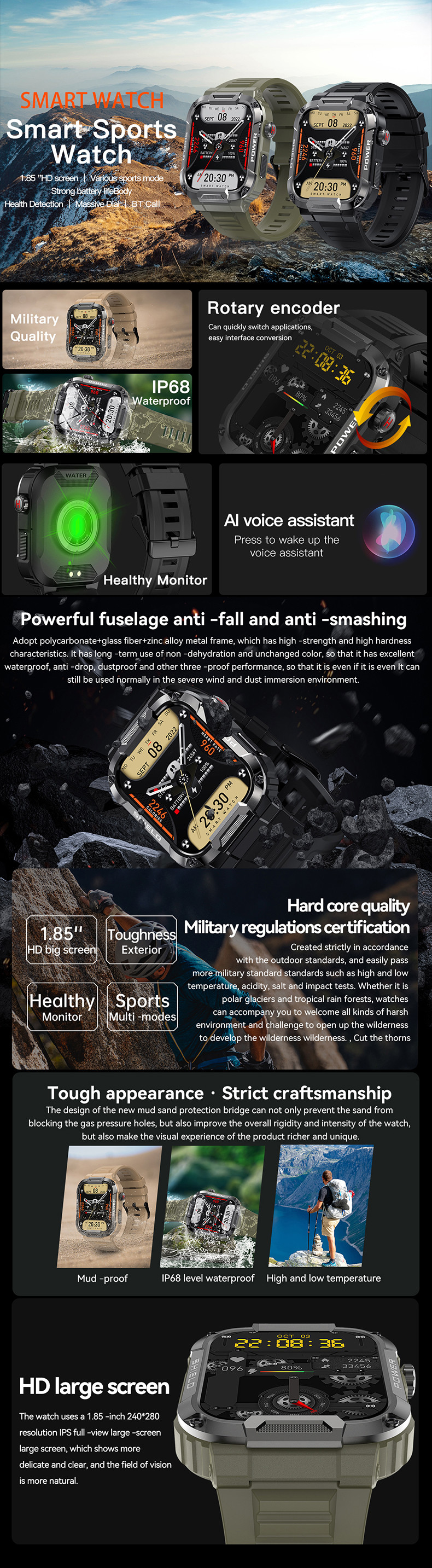 Anti Smashing Military Ip68 Waterproof Watch Rugged With Bluetooth Calling