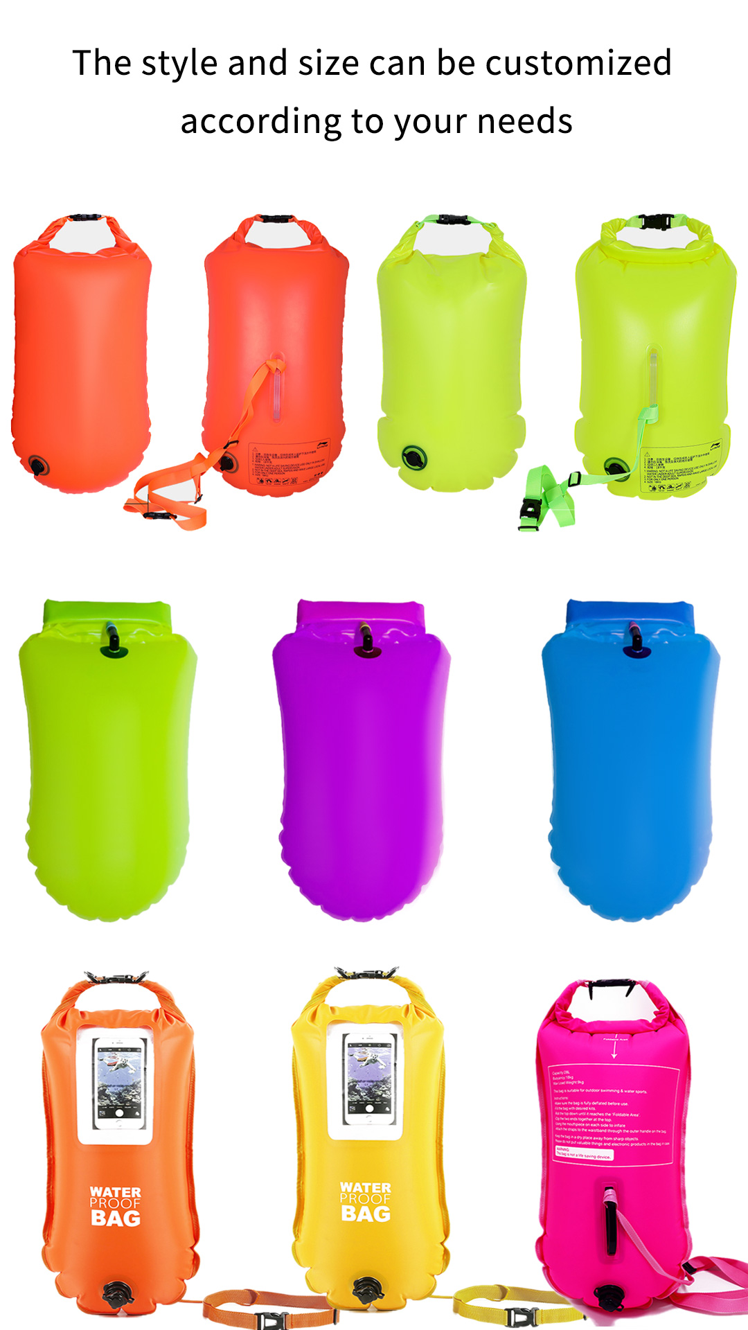 Green Light Weight 25*60cm Swim Tow Float Dry Bag Eco Friendly PVC