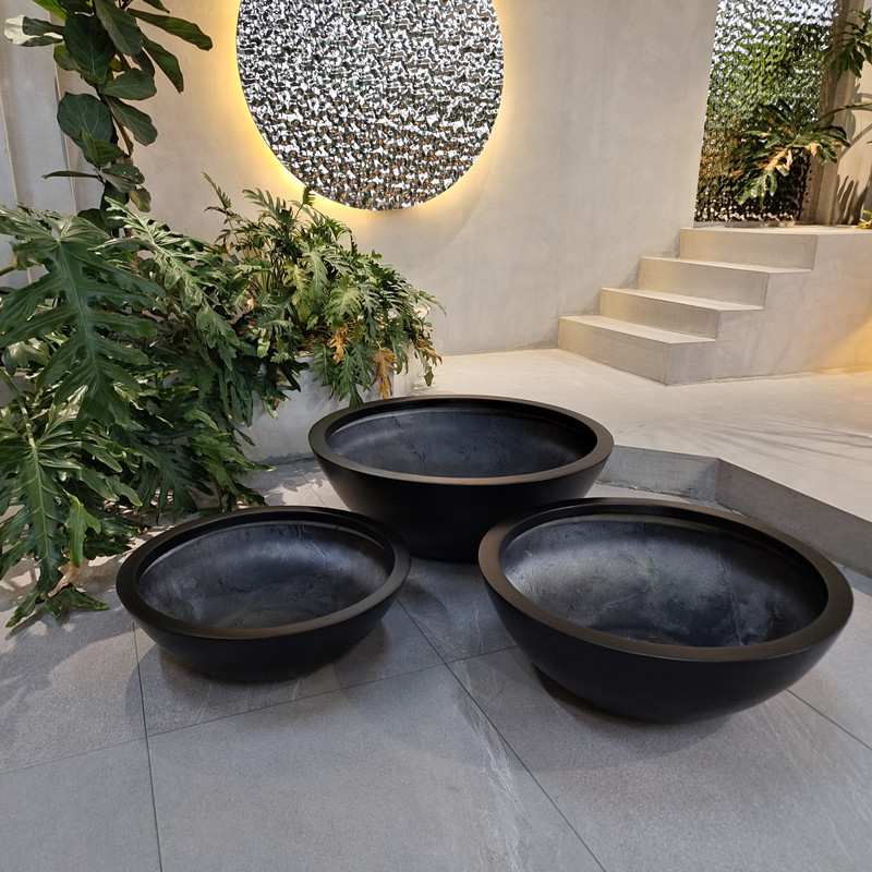 Bowl Shape Black Fiberglass Plant Pots for Garden Home Floor