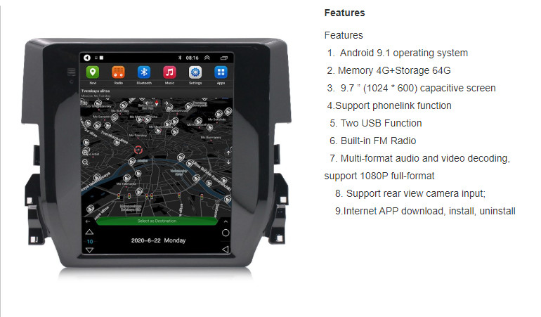 2018 2017 2016 Honda Civic Android Head Unit Radio Tesla Type Style Android 9.1
