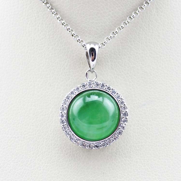 Sterling Silver Bead Chain Necklace Round 11mm Green Jade Cubic Zirconia Pendant (PSJ025)
