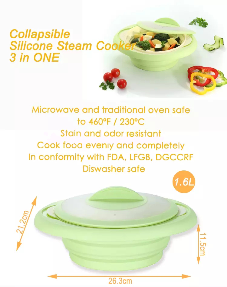 Nonstick BPA Free 3 In 1 Collapsible Silicone Steam Cooker 1.6L